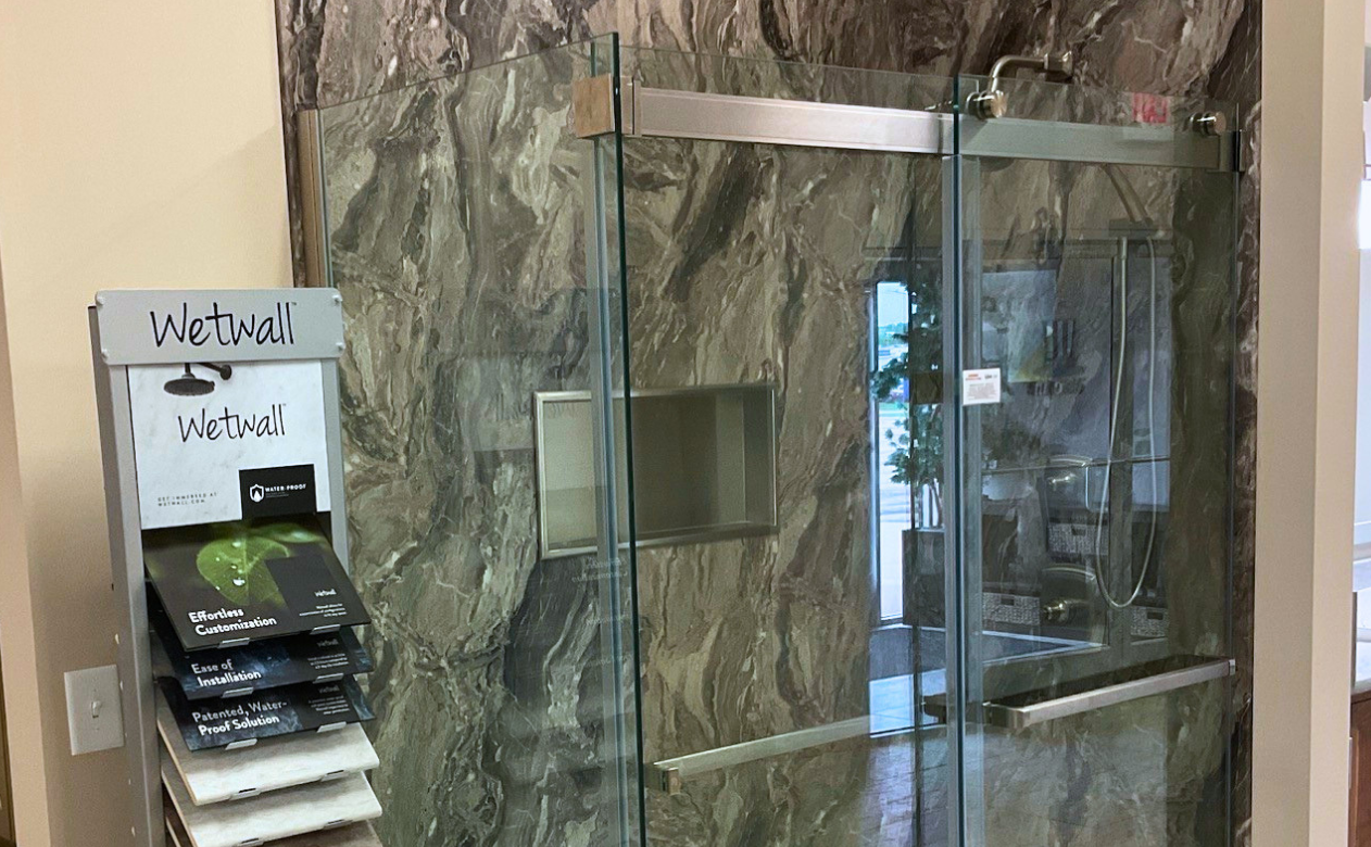 Marbled wall tile in a walk-in shower
