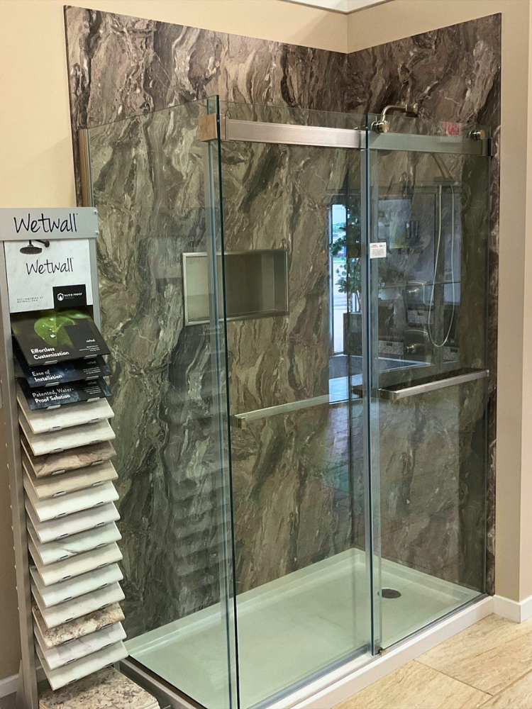 Marbled wall tile in a walk-in shower