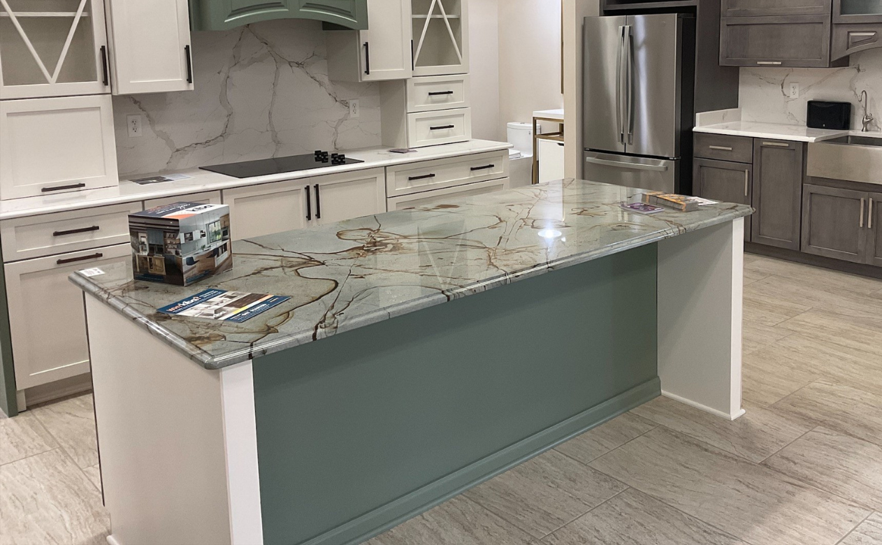 Green kitchen countertops in a kitchen display