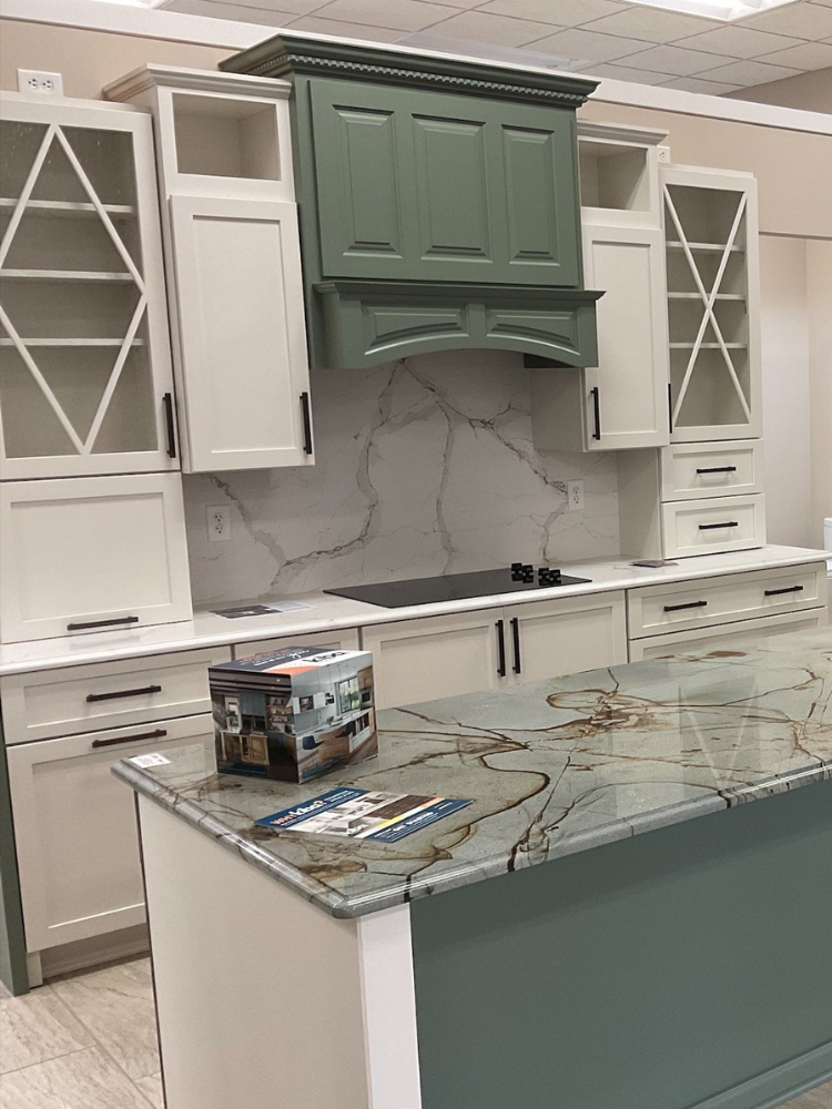 Green kitchen countertops in a kitchen display