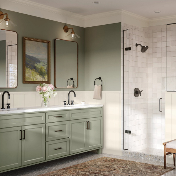 Cabinetry and a vanity in a bathroom with walk-in shower