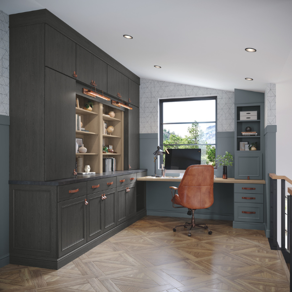 Office with gray cabinets and leather desk chair