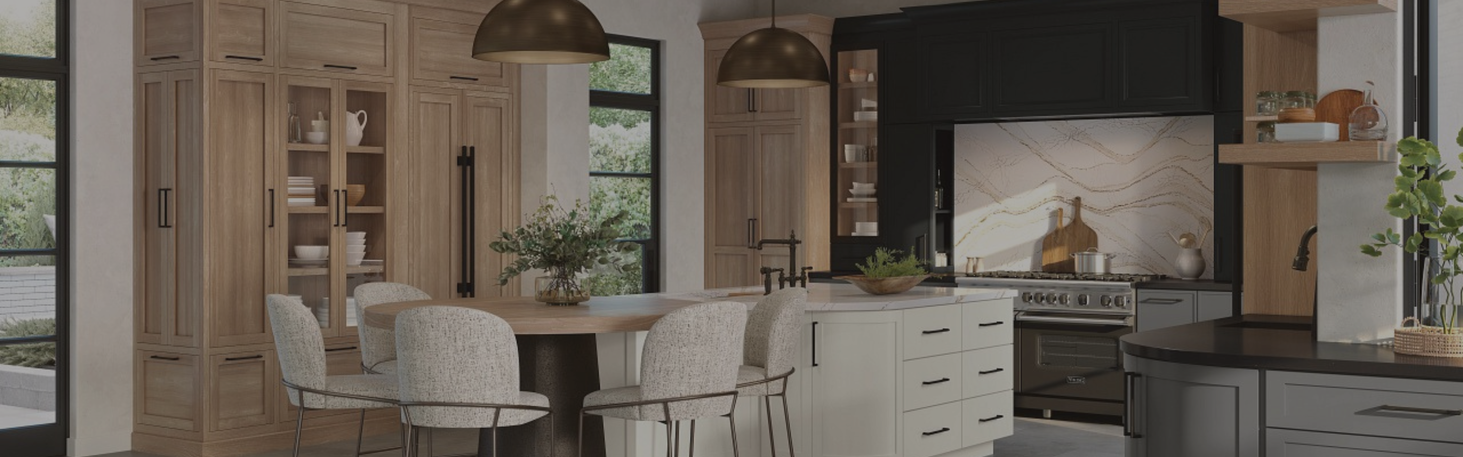 brown, black, and white cabinetry in a designer kitchen