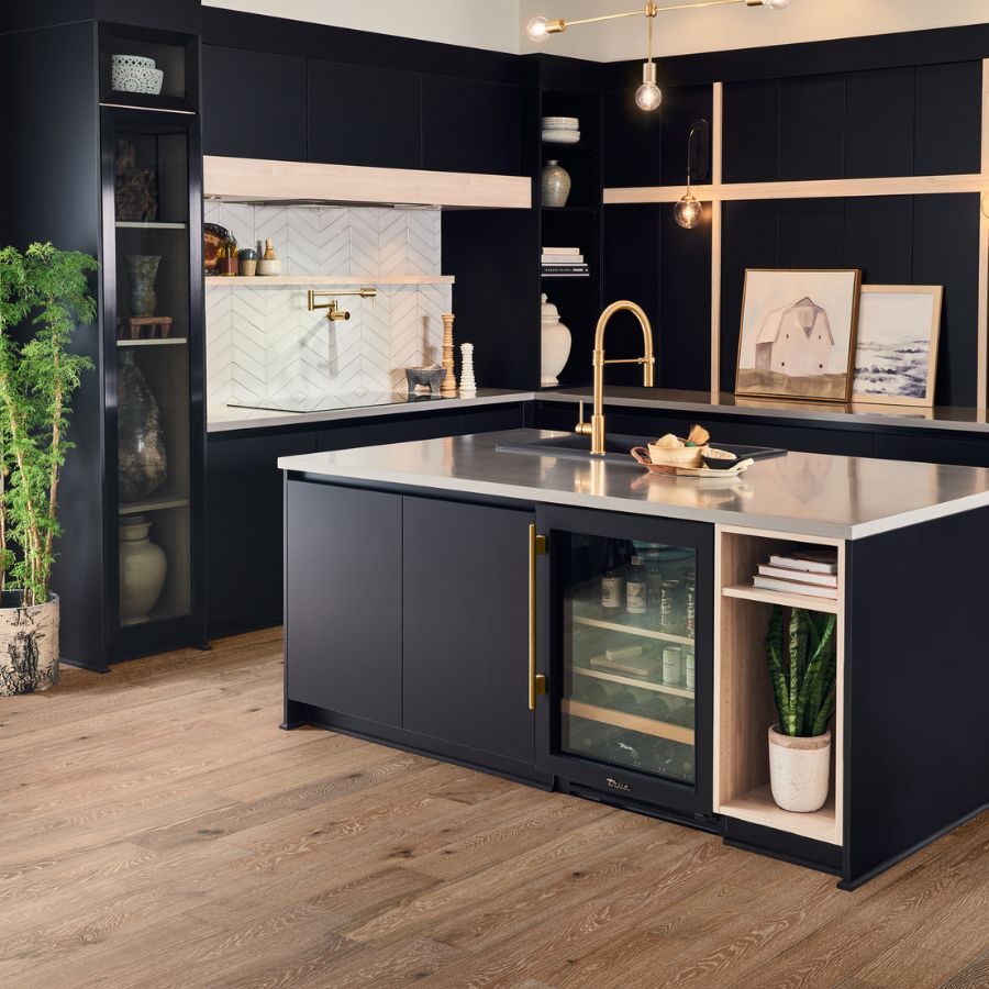 hardwood floors in a modern Rockford kitchen with dark cabinets